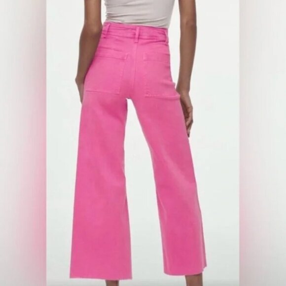 Zara Marine Straight Wide Leg Hot Pink Raw Hem Denim Jeans High Waist Size 2 - Picture 2 of 12